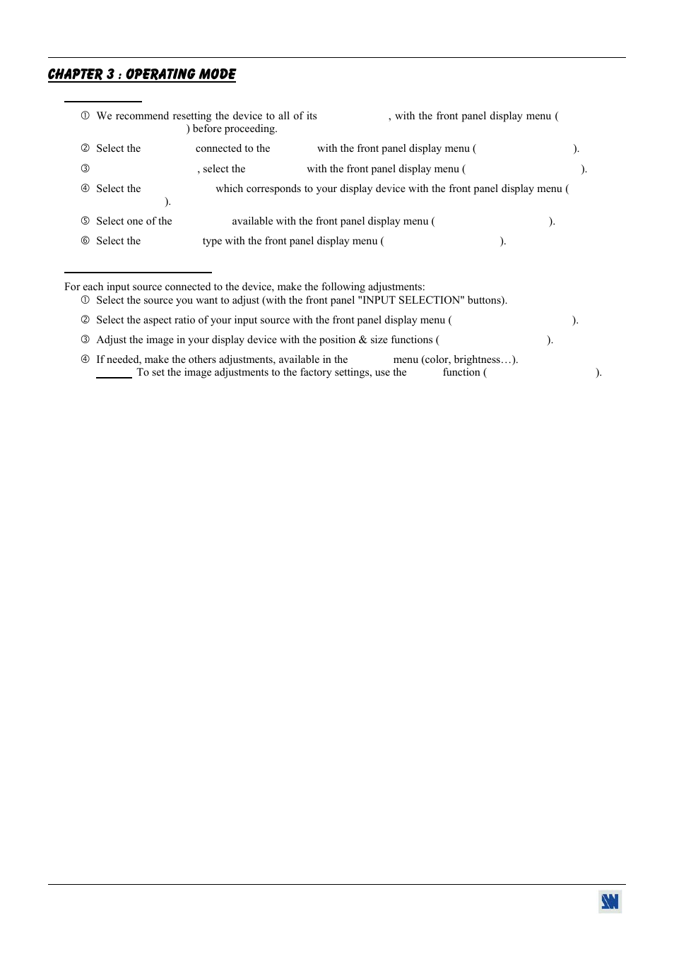 Chapter 3 : operating mode, 1. settings, 2. image adjustments | Analog Way V-Scale C - VSL300 User Manual | Page 18 / 38