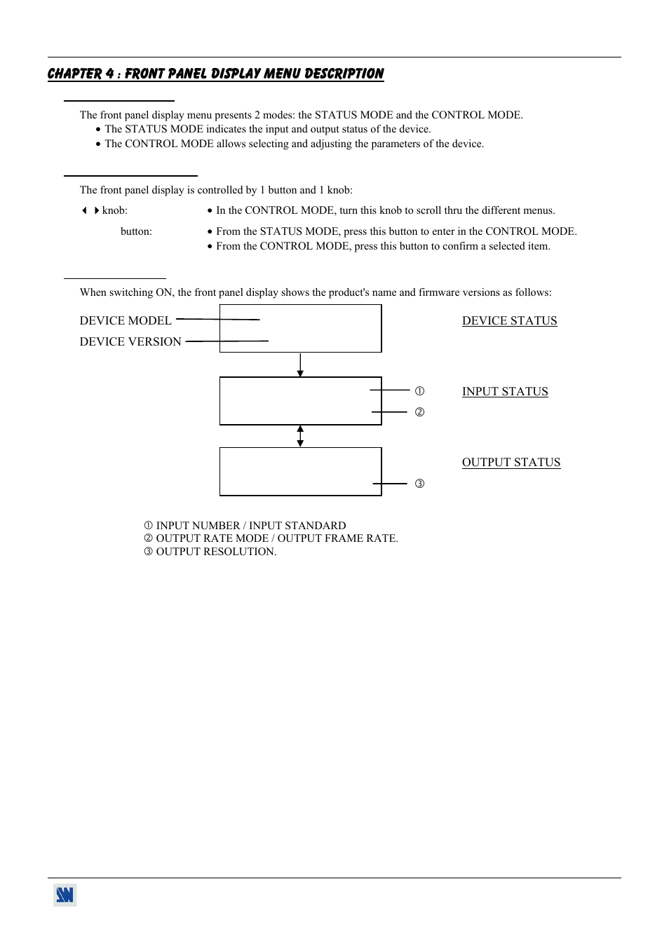 Chapter 4 : front panel display menu description, 1. introduction, 2. control buttons | 3. status mode | Analog Way V-Scale C - VSL300 User Manual | Page 19 / 38
