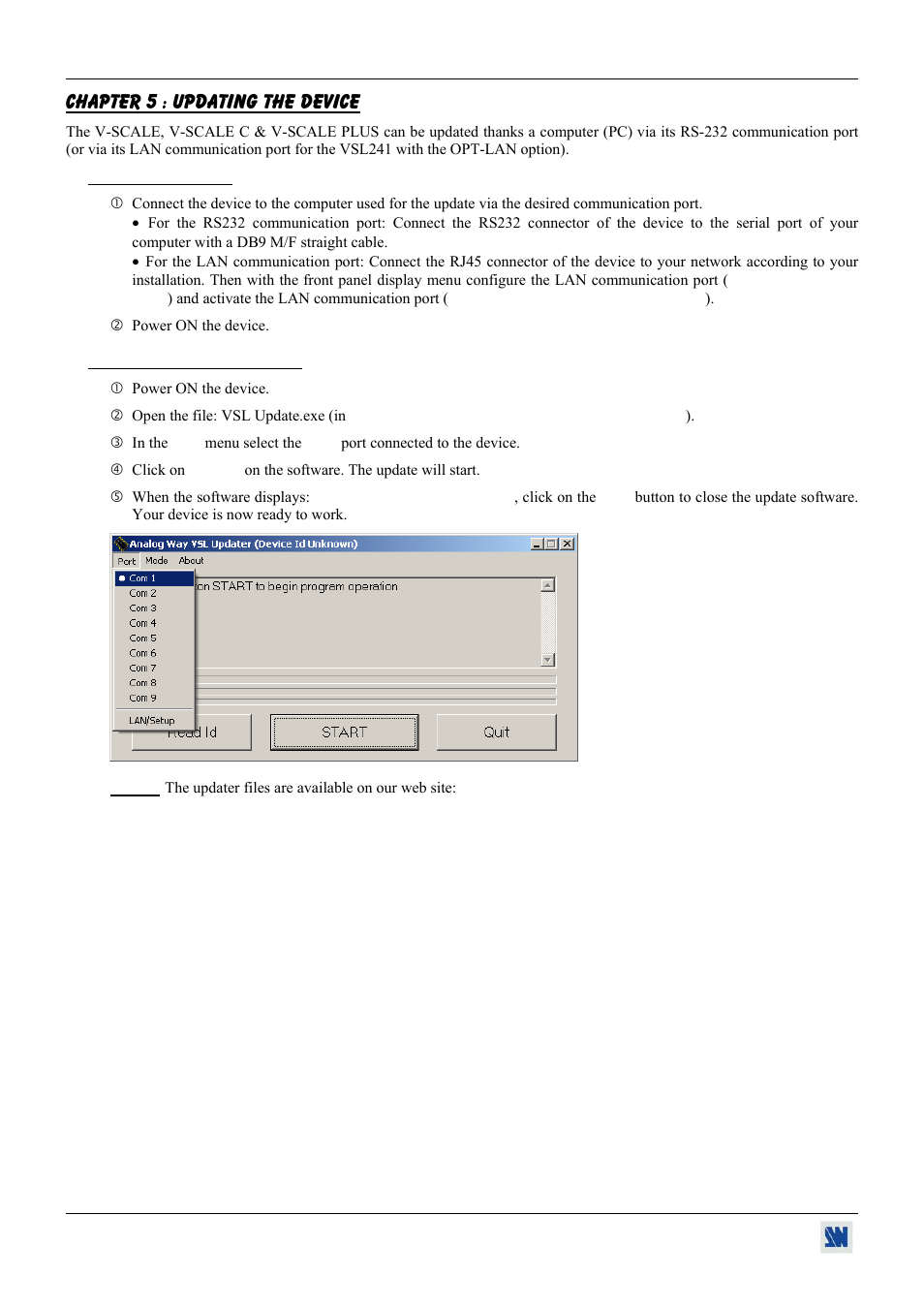 Chapter 5 : updating the device, 1. connections, 2. update instructions | Analog Way V-Scale C - VSL300 User Manual | Page 28 / 38