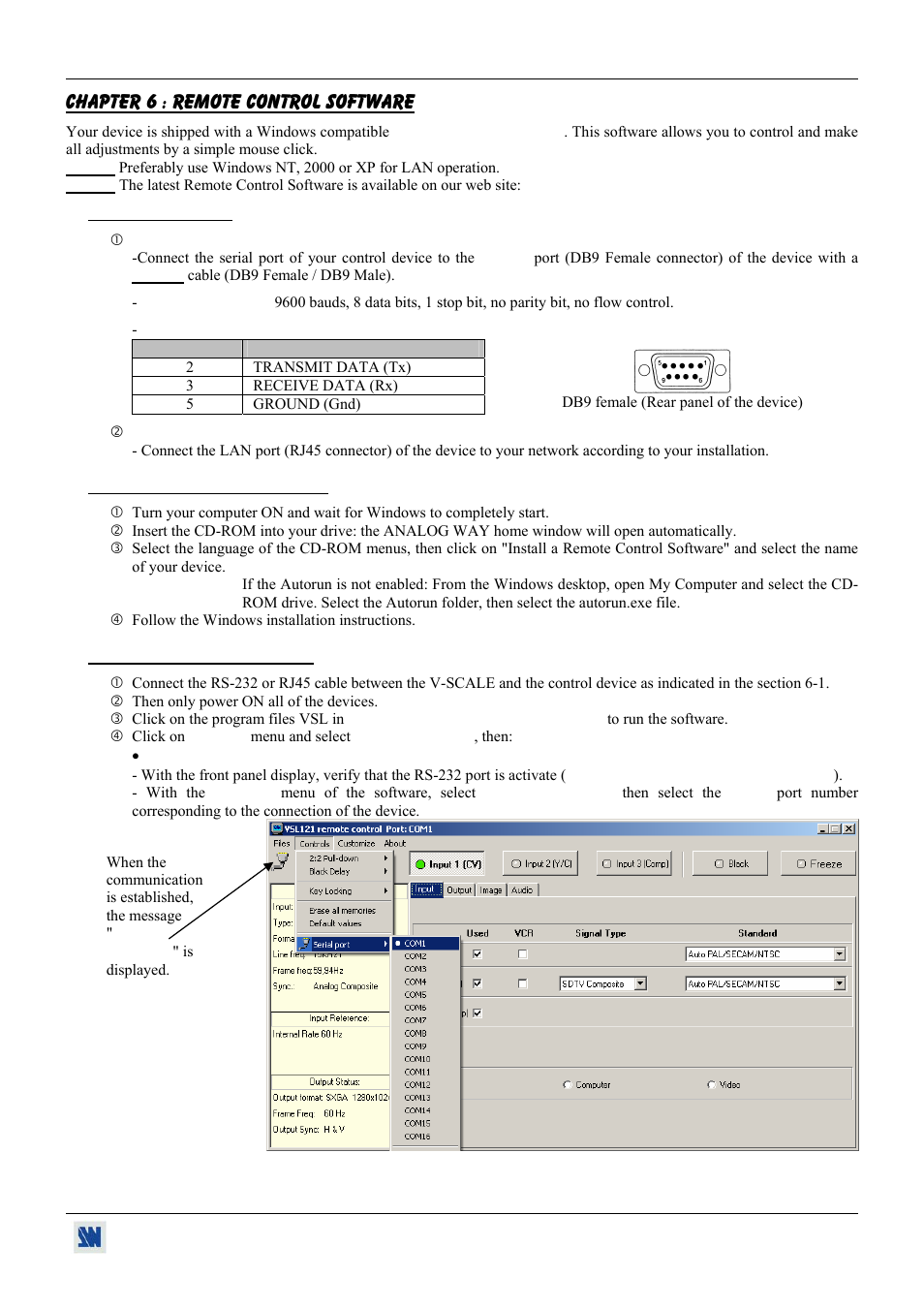 Chapter 6 : remote control software, 1. connections, 2. software installation | 3. communication setup | Analog Way V-Scale C - VSL300 User Manual | Page 29 / 38