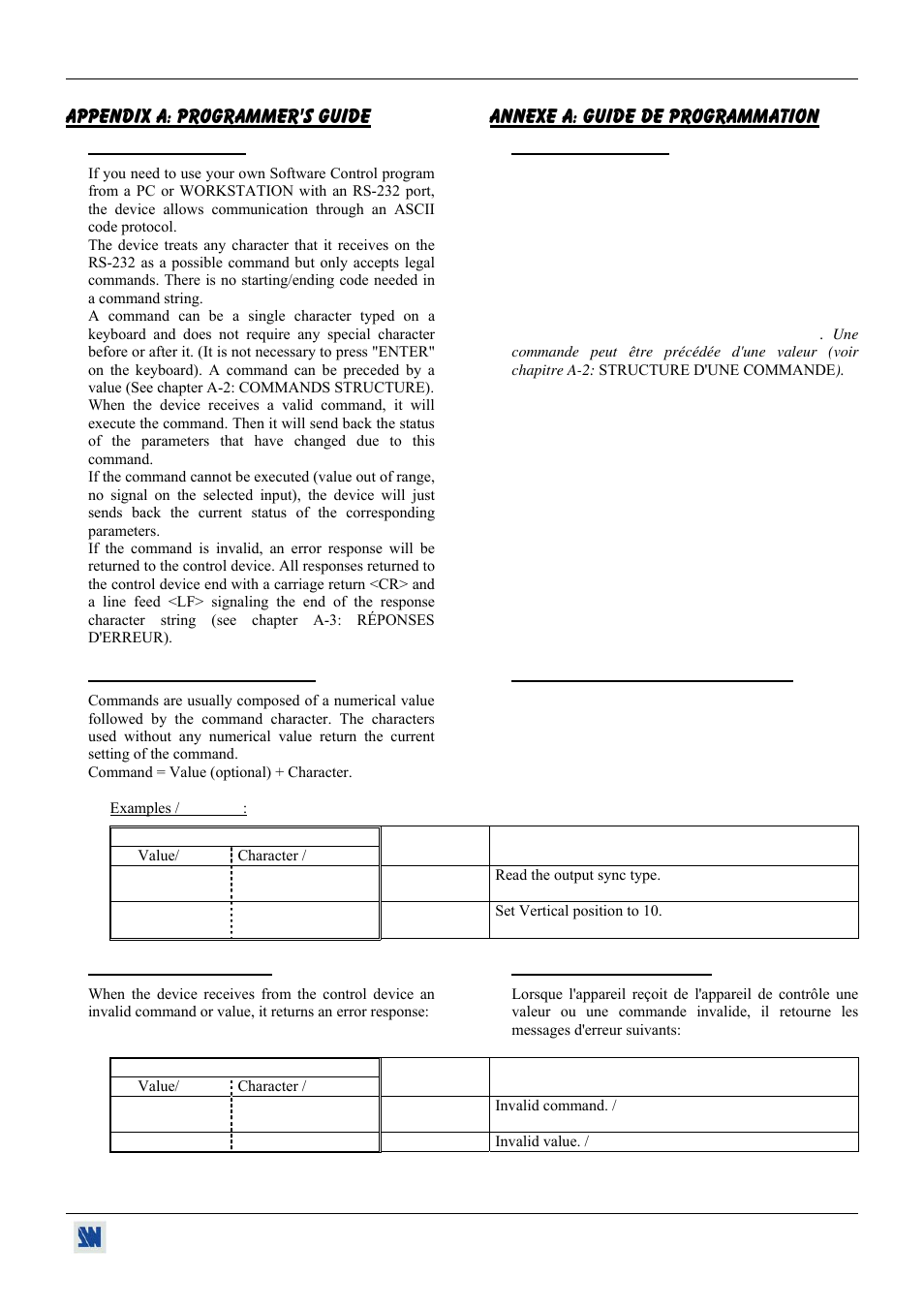 Appendix a: programmer's guide, Annexe a: guide de programmation | Analog Way V-Scale C - VSL300 User Manual | Page 33 / 38