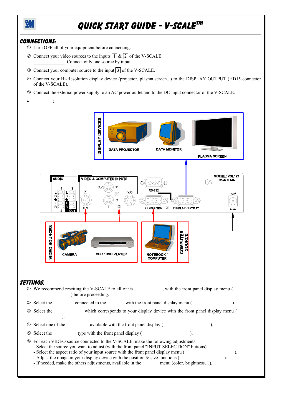 Quick start guide - v-scale, Connections, Settings | Analog Way V-Scale C - VSL300 User Manual | Page 6 / 38