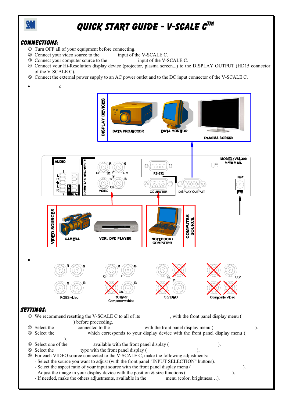 Quick start guide - v-scale c, Connections, Settings | Analog Way V-Scale C - VSL300 User Manual | Page 7 / 38