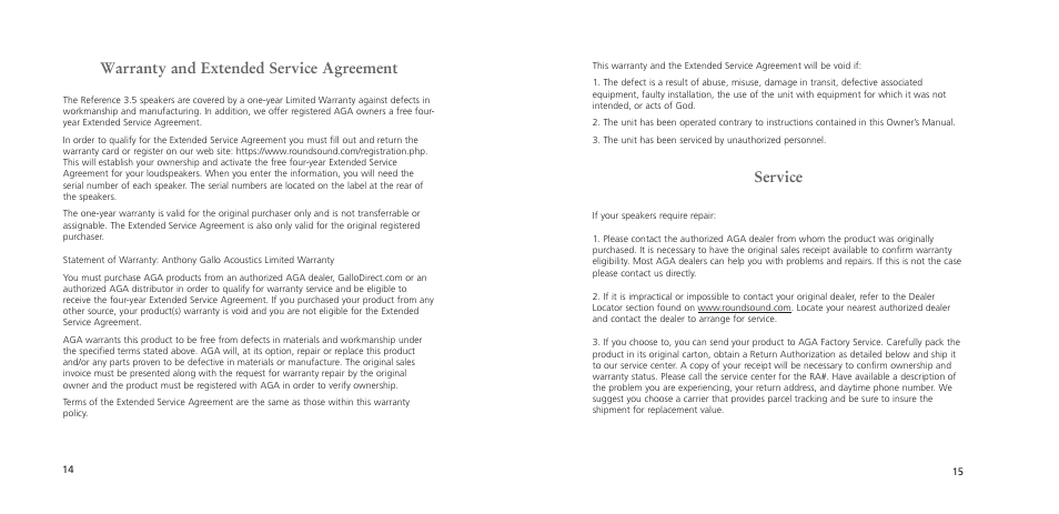 Service, Warranty and extended service agreement | Anthony Gallo Reference 3.5 User Manual | Page 19 / 20