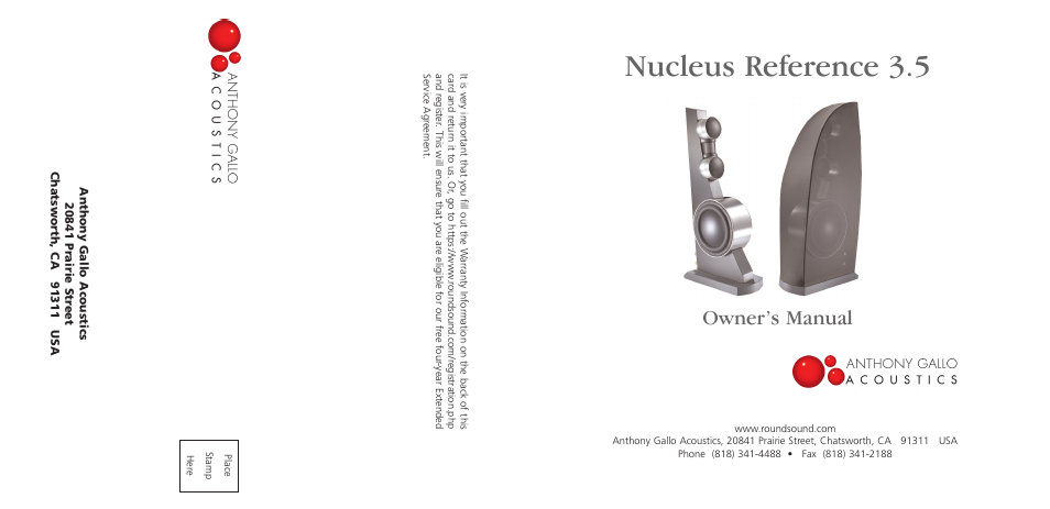Nucleus reference 3.5, Owner’s manual | Anthony Gallo Reference 3.5 User Manual | Page 20 / 20