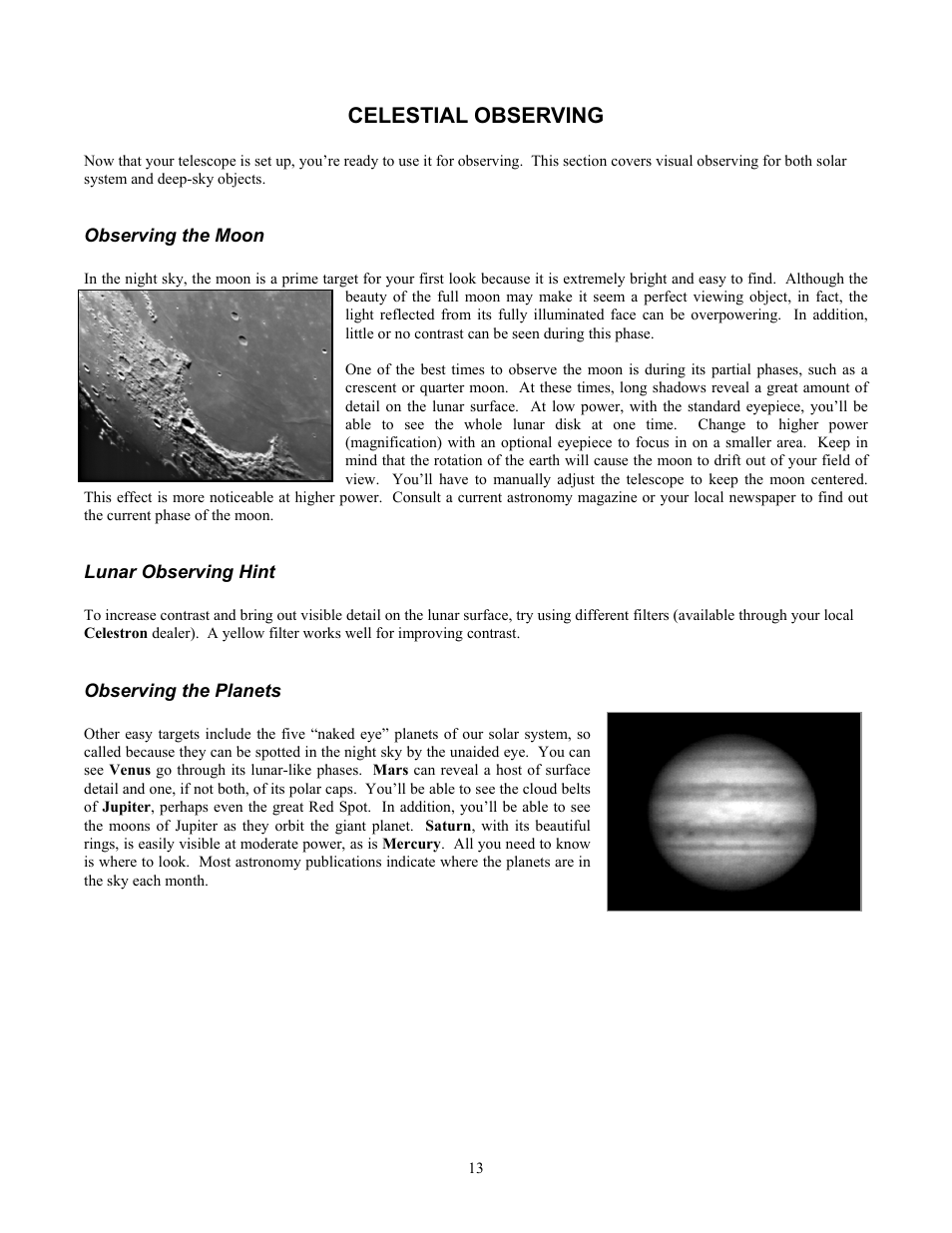 Celestial observing, Observing the moon, Lunar observing hint | Observing the planets | Celestron Ultima 80 User Manual | Page 13 / 19