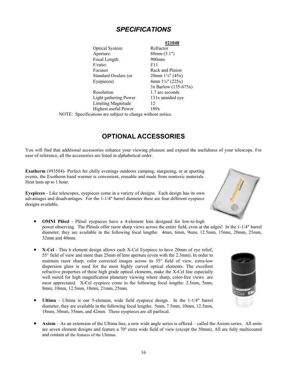 Specifications, Optional accessories | Celestron Ultima 80 User Manual | Page 16 / 19