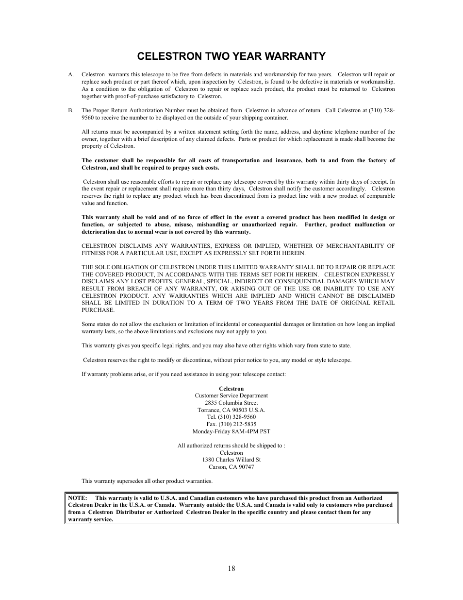 Celestron two year warranty | Celestron Ultima 80 User Manual | Page 18 / 19