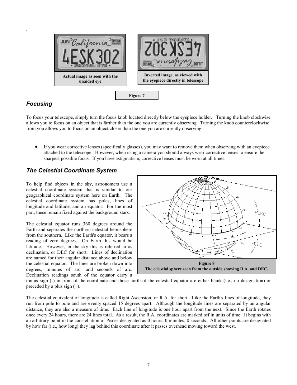 Focusing, The celestial coordinate system | Celestron Ultima 80 User Manual | Page 7 / 19