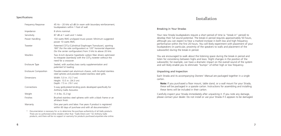 Installation | Anthony Gallo Strada User Manual | Page 10 / 18