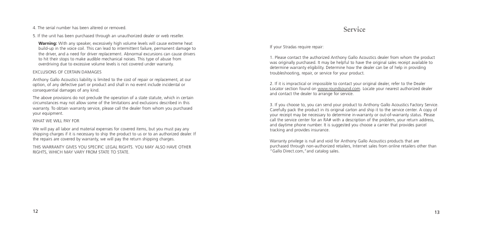 Service | Anthony Gallo Strada User Manual | Page 17 / 18