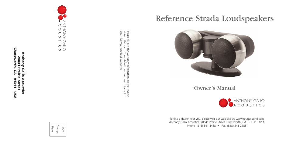 Reference strada loudspeakers, Owner’s manual | Anthony Gallo Strada User Manual | Page 18 / 18