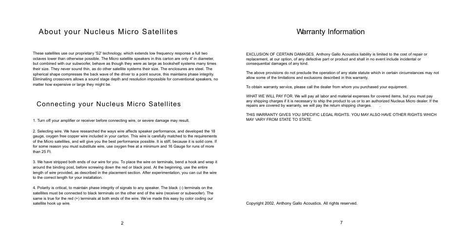 About your nucleus micro satellites, Warranty information, Connecting your nucleus micro satellites | Anthony Gallo Nucleus Micro User Manual | Page 4 / 6