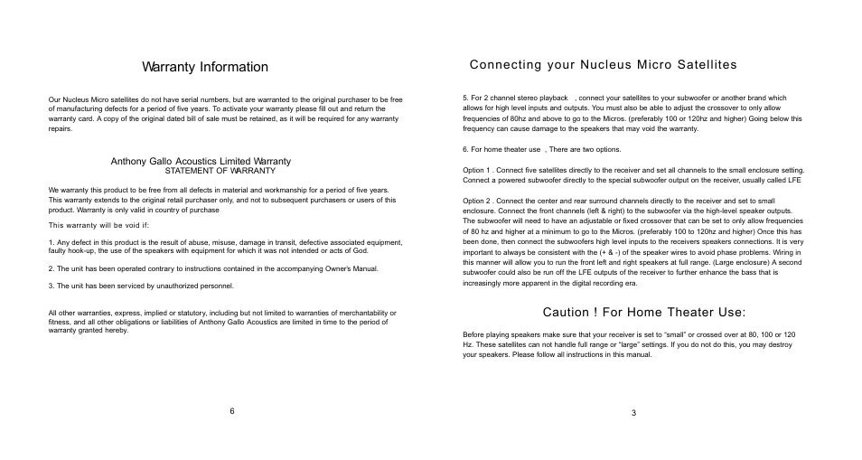 Warranty information, Connecting your nucleus micro satellites, Caution ! for home theater use | Anthony Gallo Nucleus Micro User Manual | Page 5 / 6