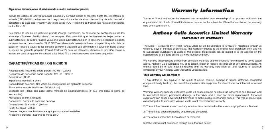 Warranty information, Anthony gallo acoustics limited warranty | Anthony Gallo Nucleus Micro Ti User Manual | Page 9 / 12