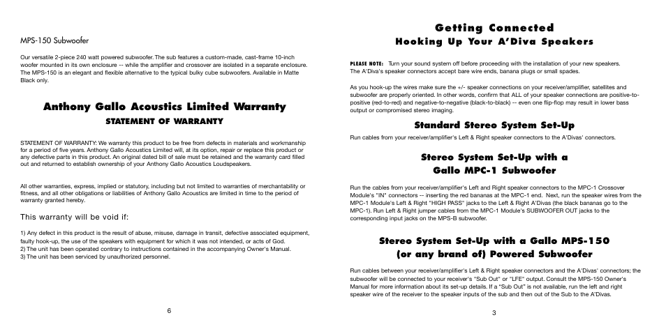 Getting connected, Anthony gallo acoustics limited warranty | Anthony Gallo A'Diva User Manual | Page 5 / 6