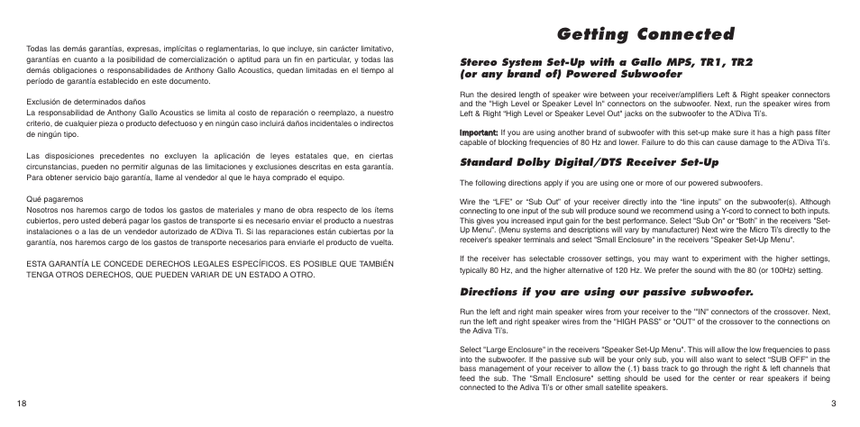 Getting connected, Standard dolby digital/dts receiver set-up, Directions if you are using our passive subwoofer | Anthony Gallo A'Diva Ti User Manual | Page 5 / 12