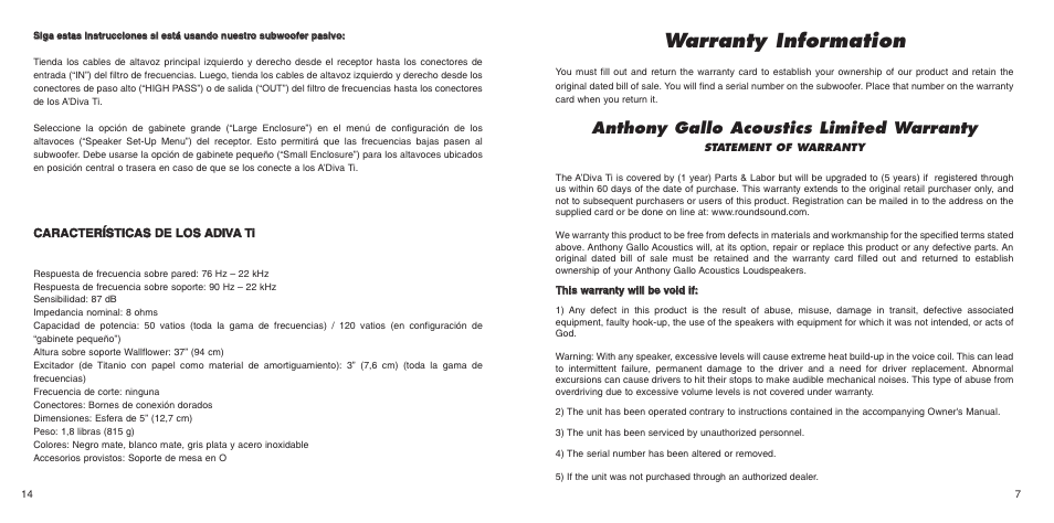 Warranty information, Anthony gallo acoustics limited warranty | Anthony Gallo A'Diva Ti User Manual | Page 9 / 12