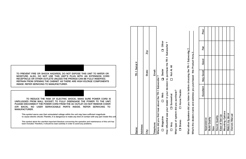 Warning, Caution | Anthony Gallo TR-1 Subwoofer User Manual | Page 2 / 12