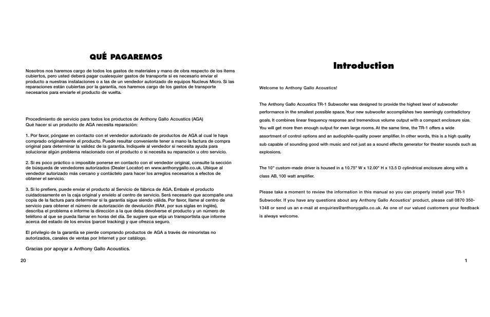 Introduction, Pagaremos | Anthony Gallo TR-1 Subwoofer User Manual | Page 3 / 12
