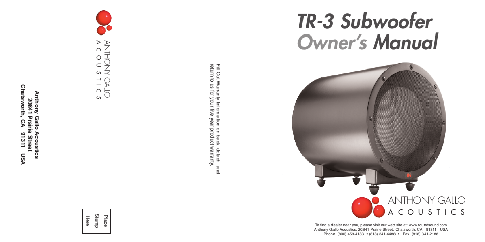 Anthony Gallo TR-3 Subwoofer User Manual | 8 pages