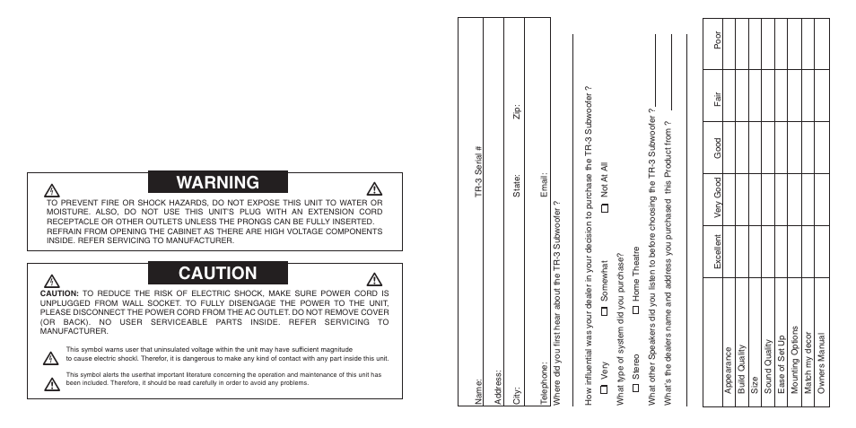 Warning | Anthony Gallo TR-3 Subwoofer User Manual | Page 2 / 8