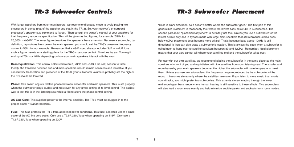 Tr-3 subwoofer placement, Tr-3 subwoofer controls | Anthony Gallo TR-3 Subwoofer User Manual | Page 6 / 8