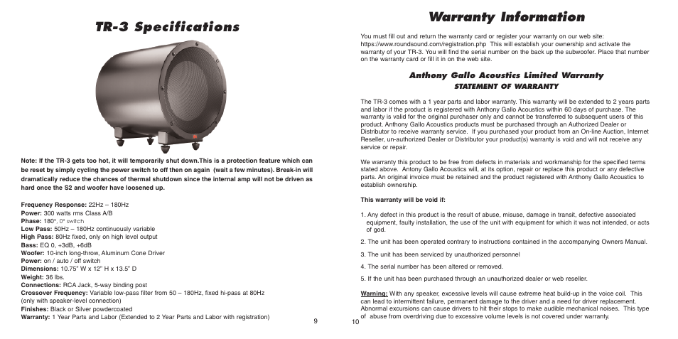 Warranty information, Tr-3 specifications | Anthony Gallo TR-3 Subwoofer User Manual | Page 7 / 8