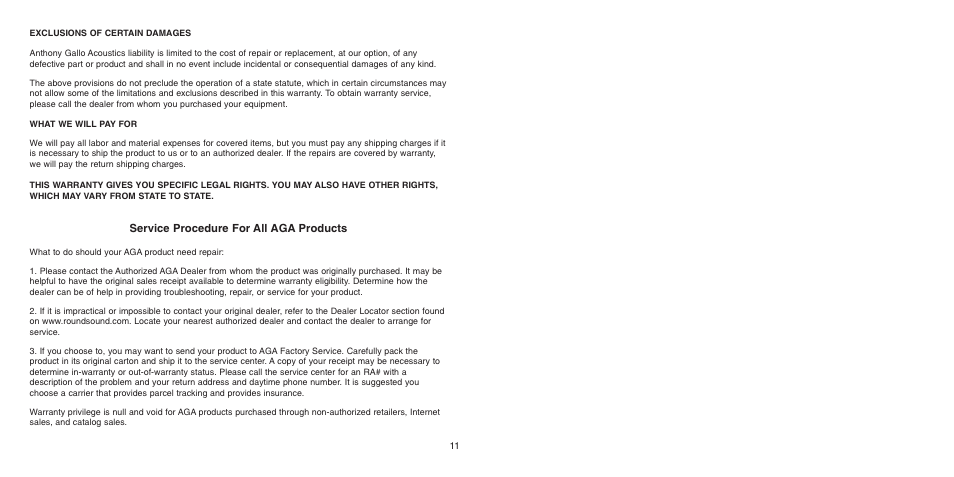 Service procedure for all aga products | Anthony Gallo TR-3 Subwoofer User Manual | Page 8 / 8