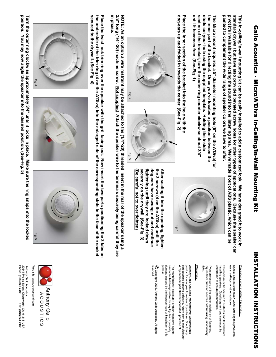 Anthony Gallo Ceiling Mount User Manual | 3 pages