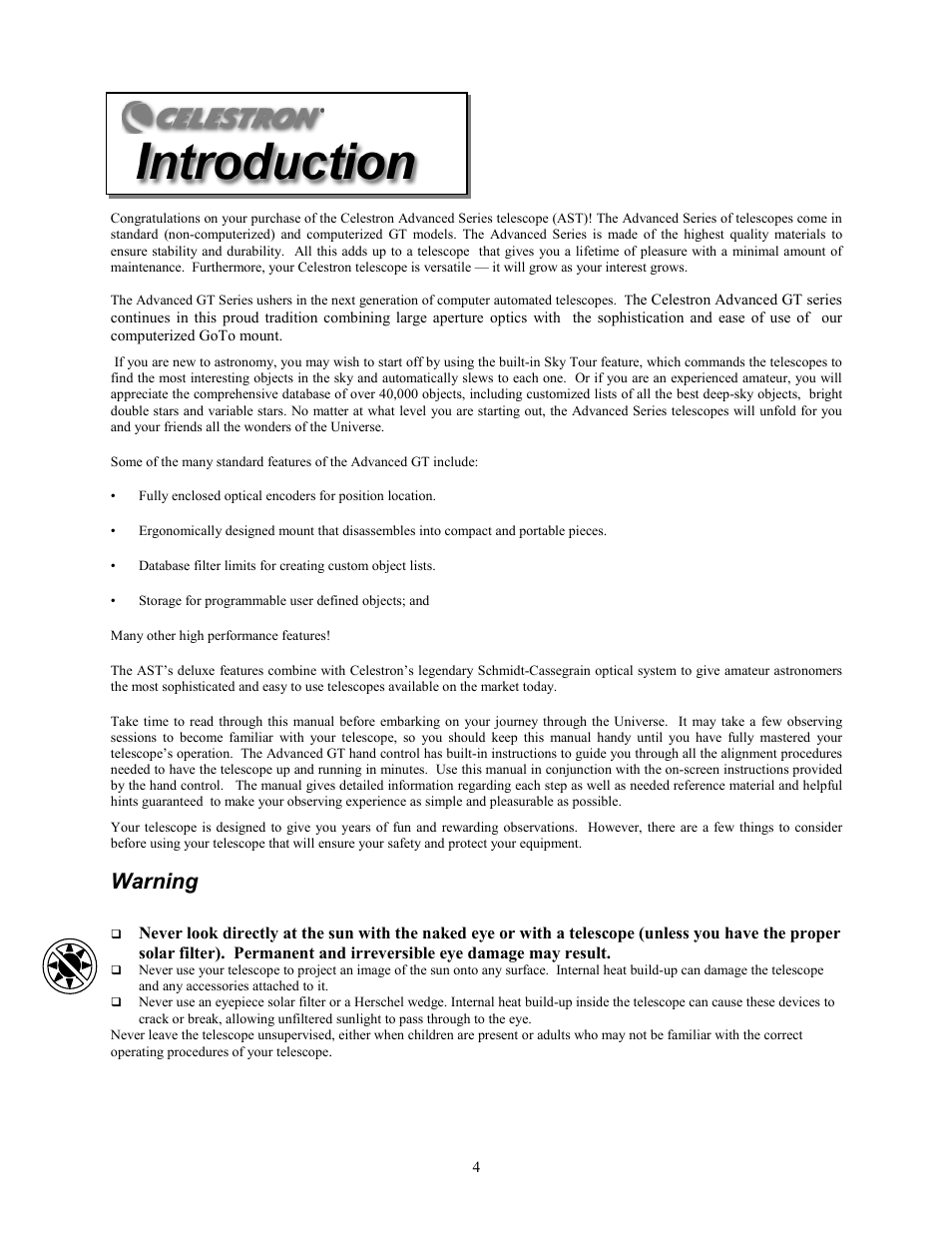 Warning | Celestron C8-S User Manual | Page 4 / 69