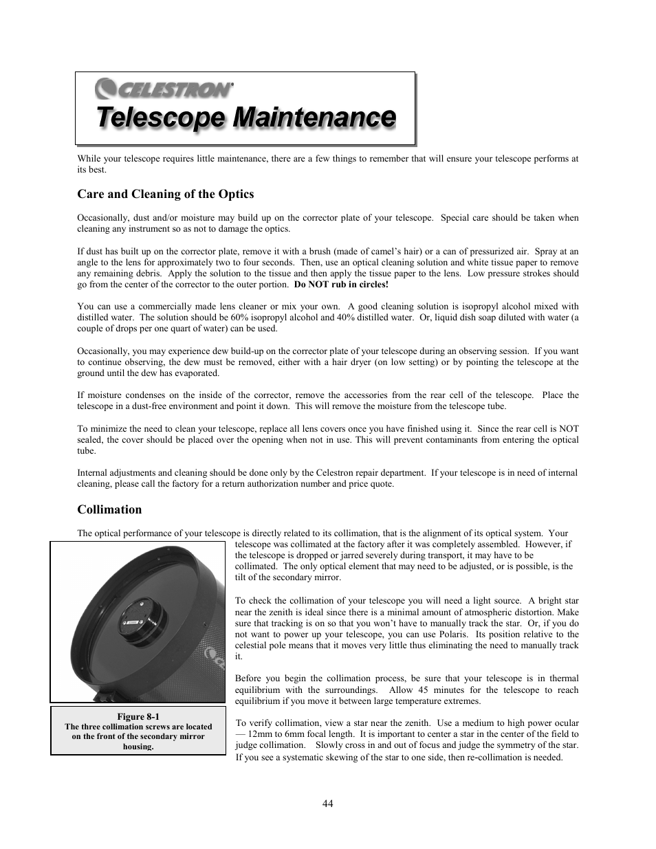 Care and cleaning of the optics, Collimation | Celestron C8-S User Manual | Page 44 / 69