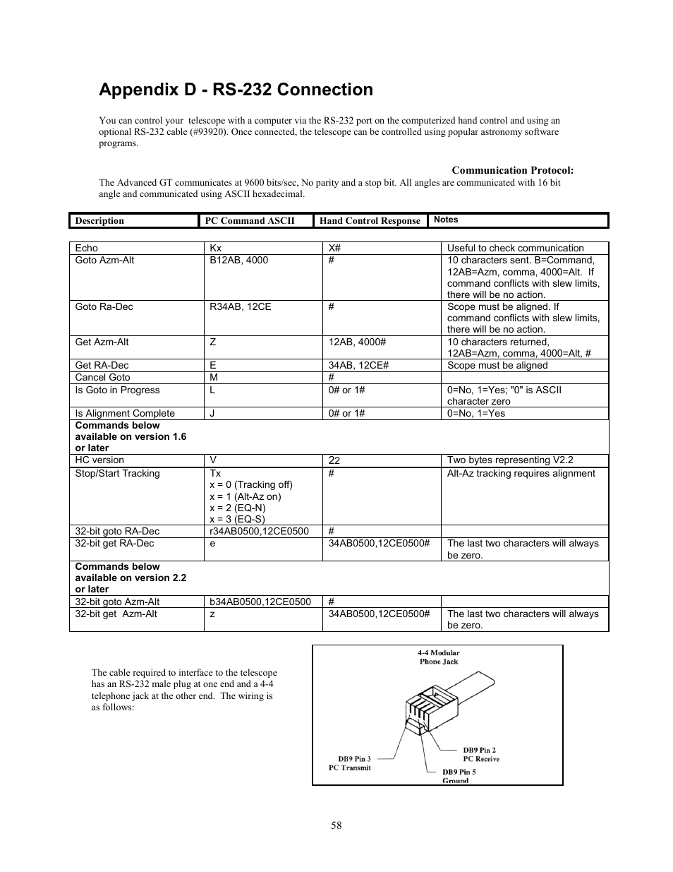 Appendix d - rs-232 connection | Celestron C8-S User Manual | Page 58 / 69