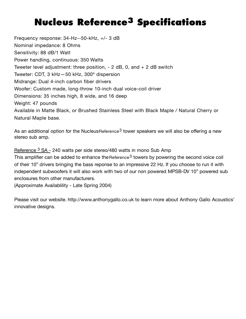 Nucleus reference, Specifications | Anthony Gallo Reference 3 User Manual | Page 11 / 12