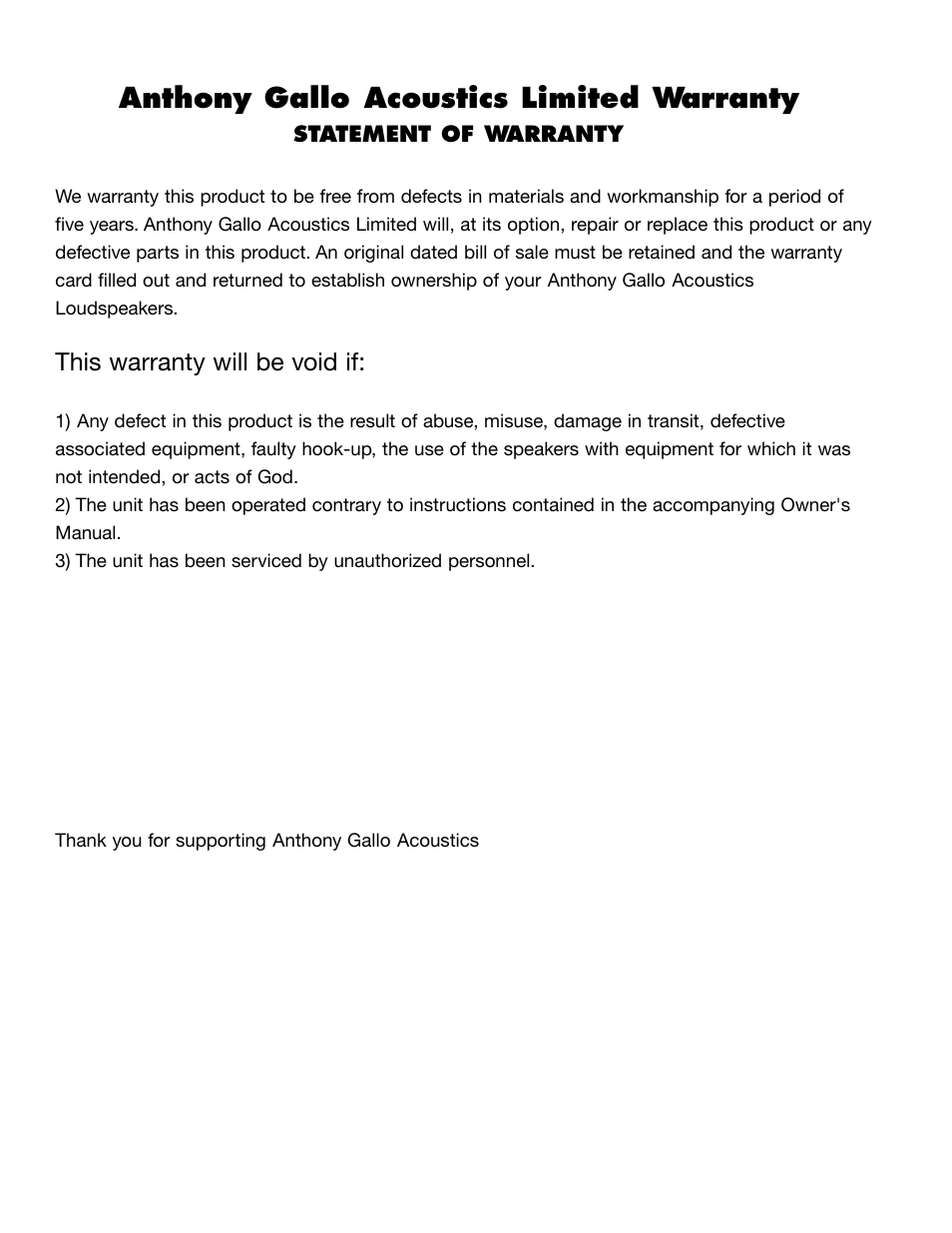 Anthony gallo acoustics limited warranty, This warranty will be void if | Anthony Gallo Reference 3 User Manual | Page 12 / 12