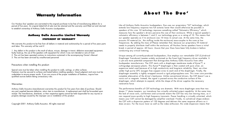 Warranty information | Anthony Gallo Dué User Manual | Page 3 / 6