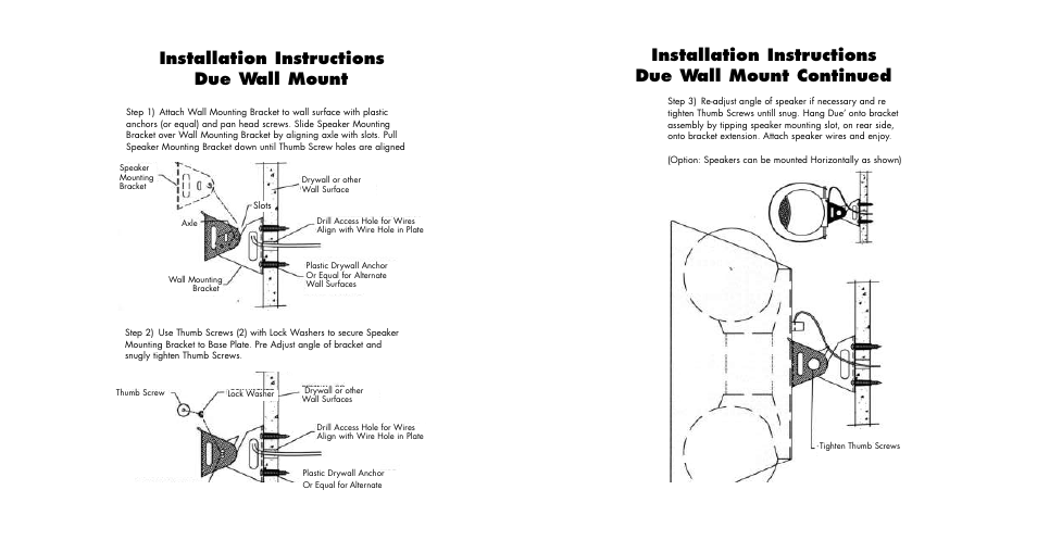 Installation instructions due wall mount continued, Installation instructions due wall mount | Anthony Gallo Dué User Manual | Page 6 / 6