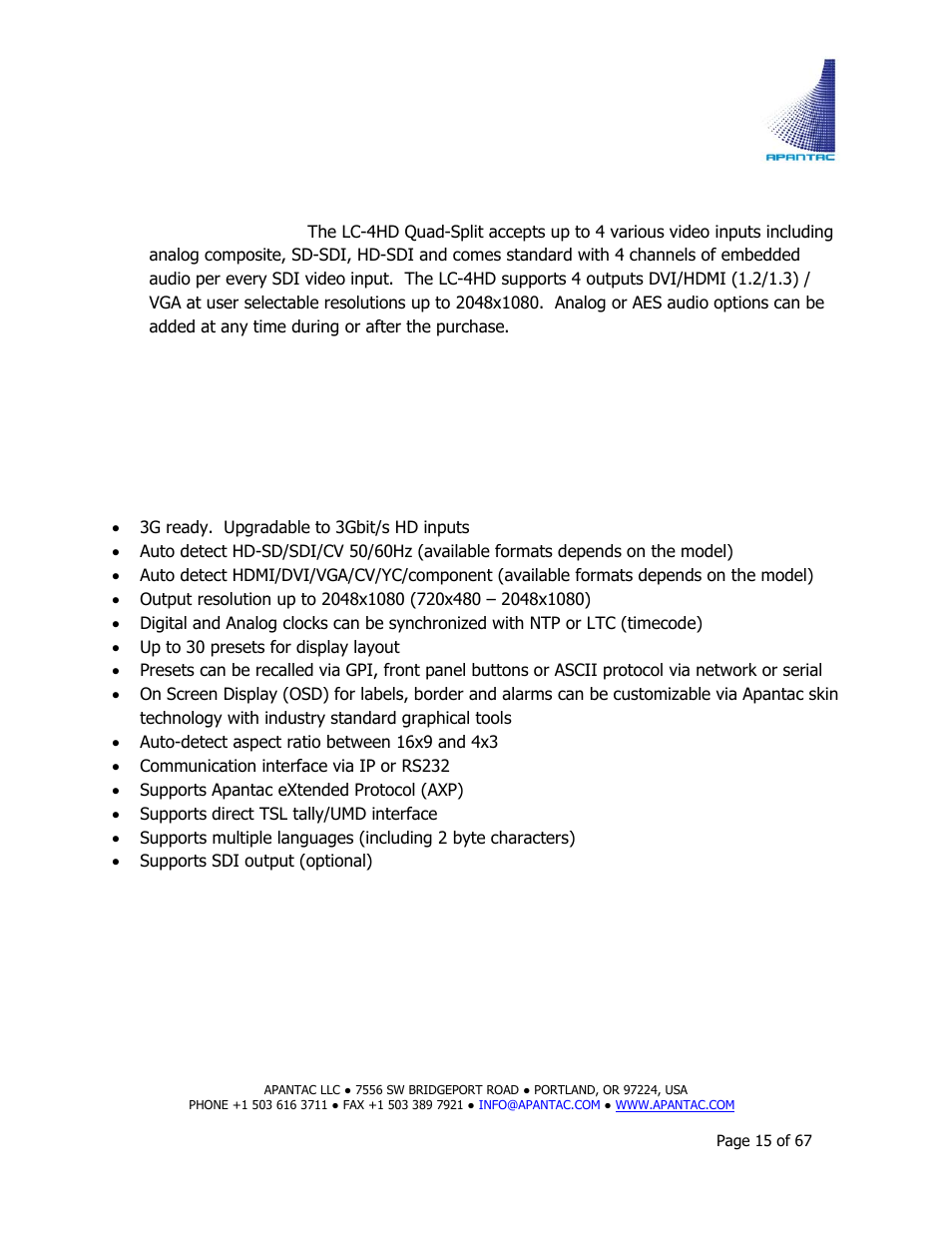 Technical specifications | Apantac TAHOMA Platform User Manual | Page 15 / 67