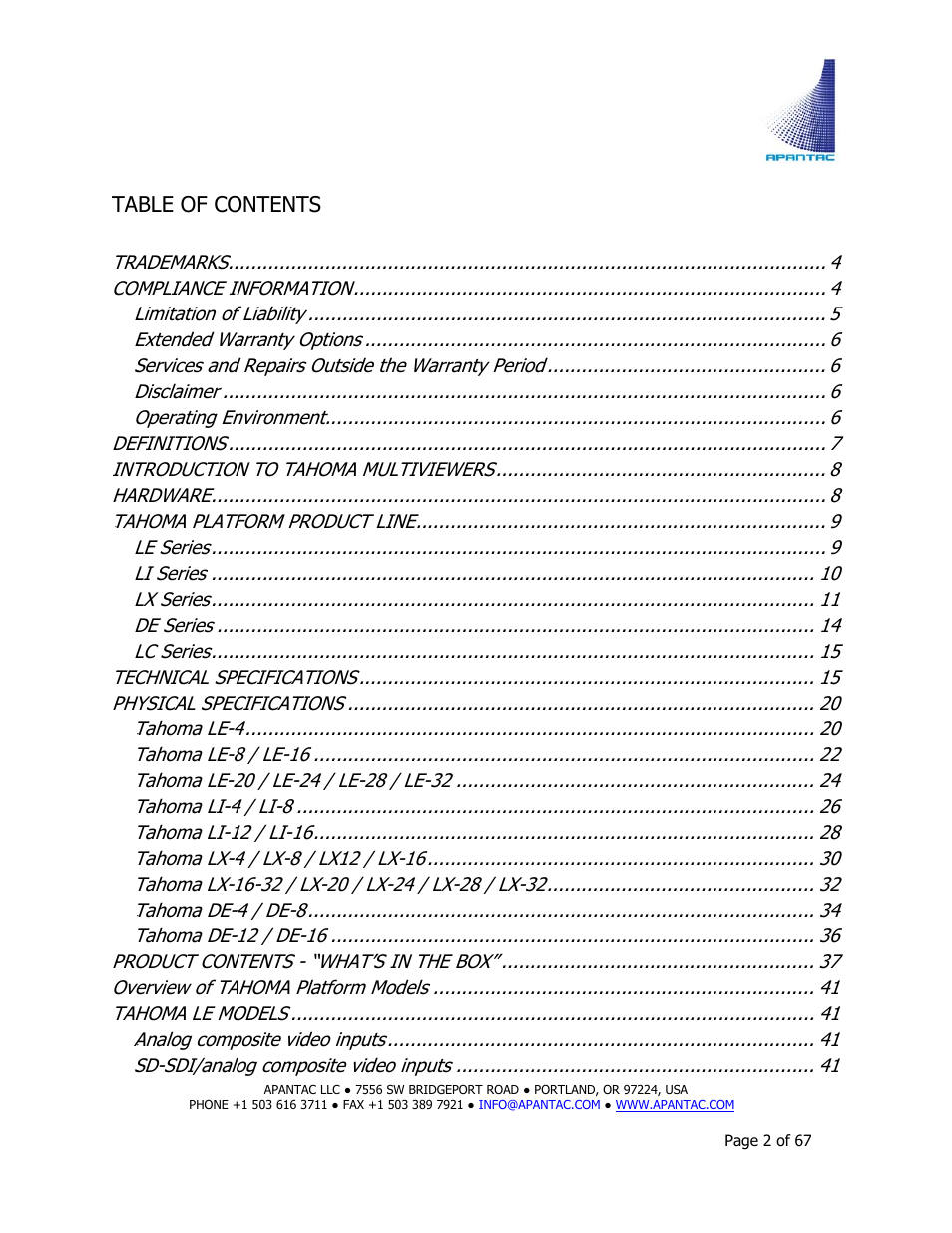 Apantac TAHOMA Platform User Manual | Page 2 / 67