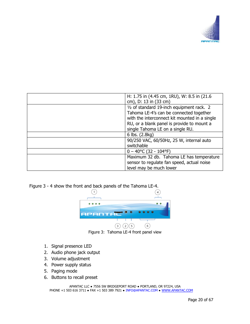 Physical specifications | Apantac TAHOMA Platform User Manual | Page 20 / 67