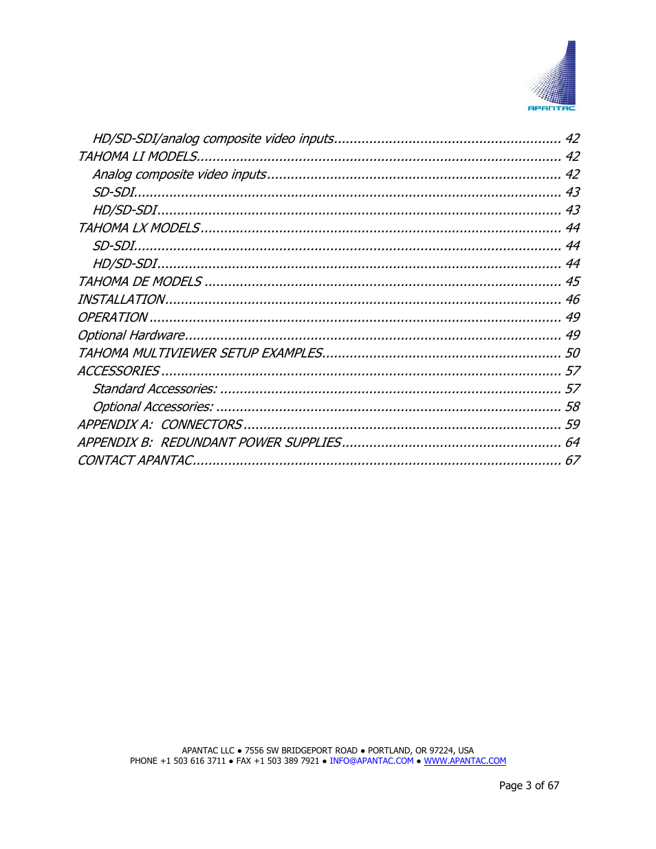 Apantac TAHOMA Platform User Manual | Page 3 / 67