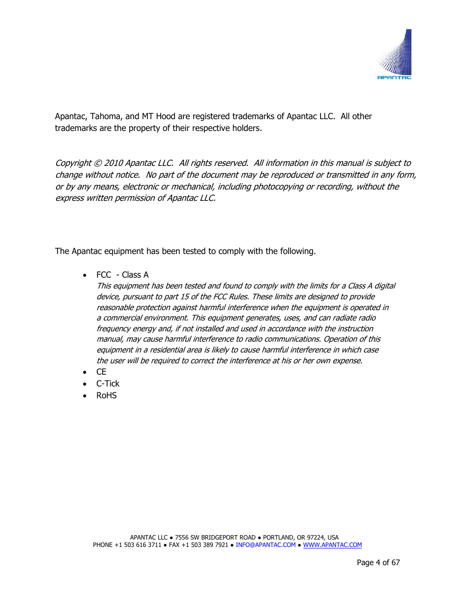 Trademarks, Compliance information | Apantac TAHOMA Platform User Manual | Page 4 / 67