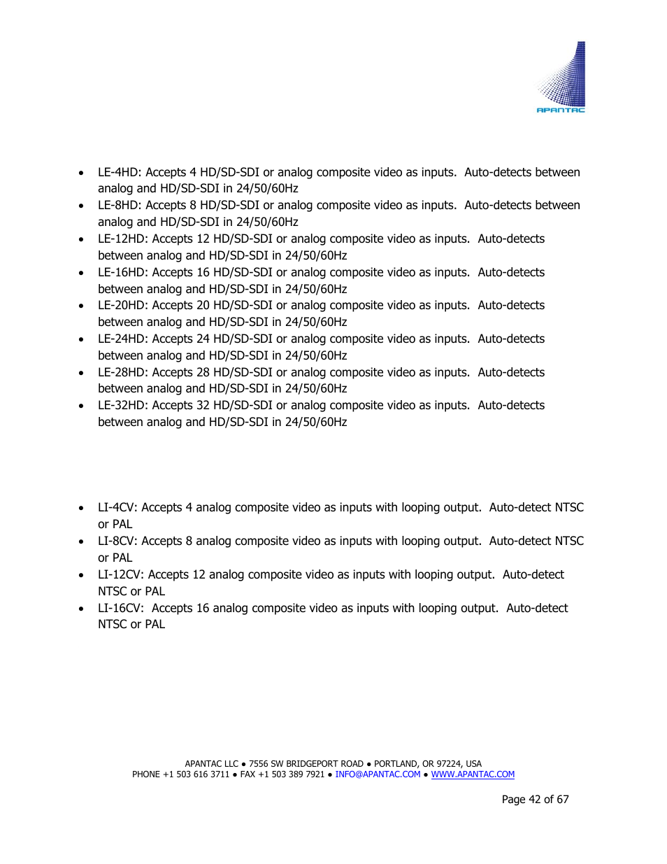 Tahoma li models | Apantac TAHOMA Platform User Manual | Page 42 / 67