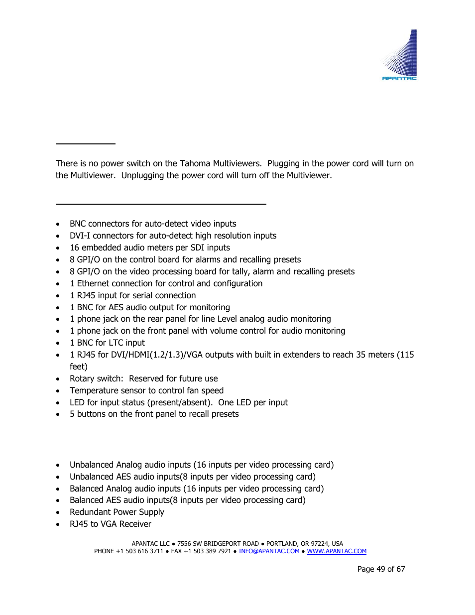 Operation, Optional hardware | Apantac TAHOMA Platform User Manual | Page 49 / 67