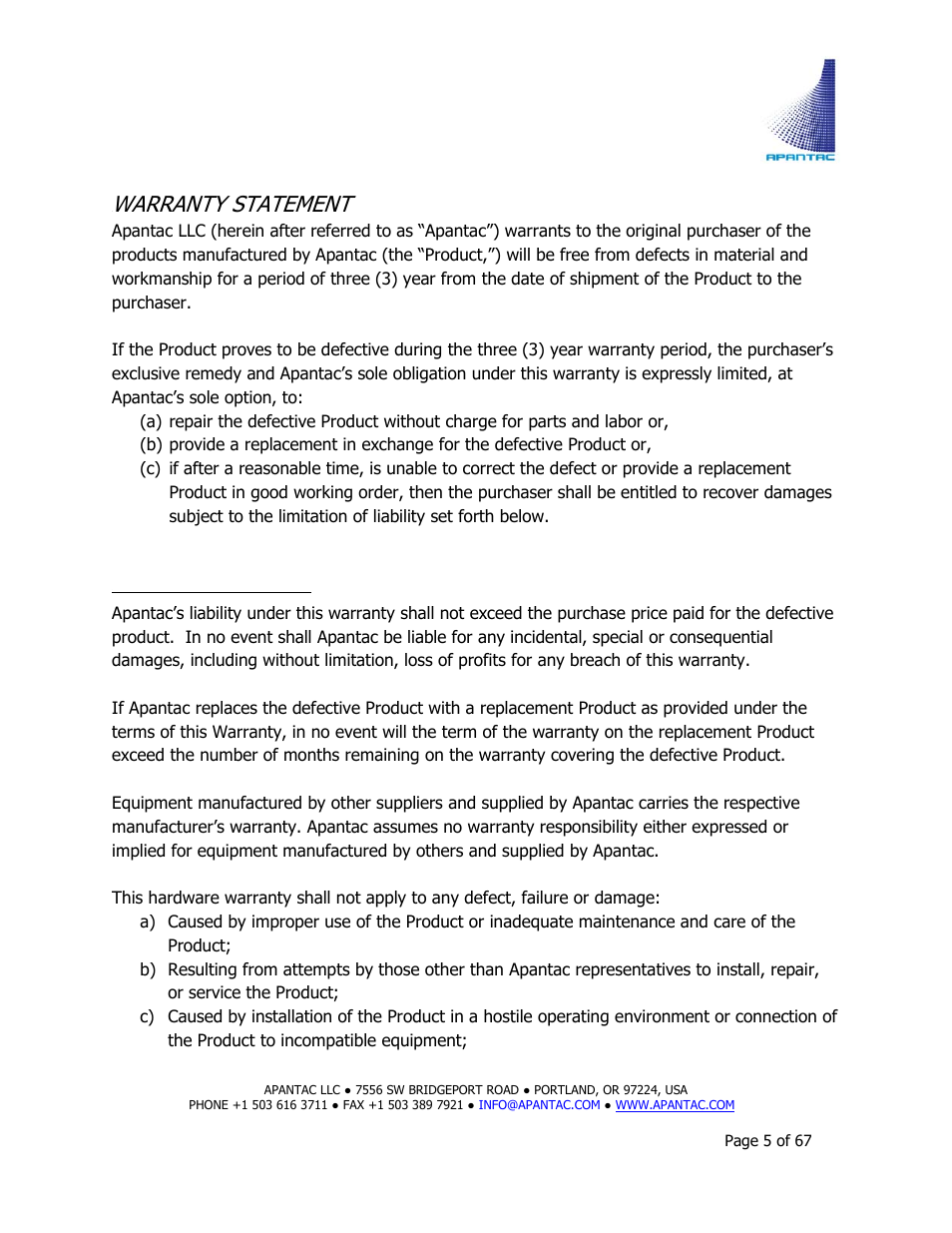 Warranty statement | Apantac TAHOMA Platform User Manual | Page 5 / 67