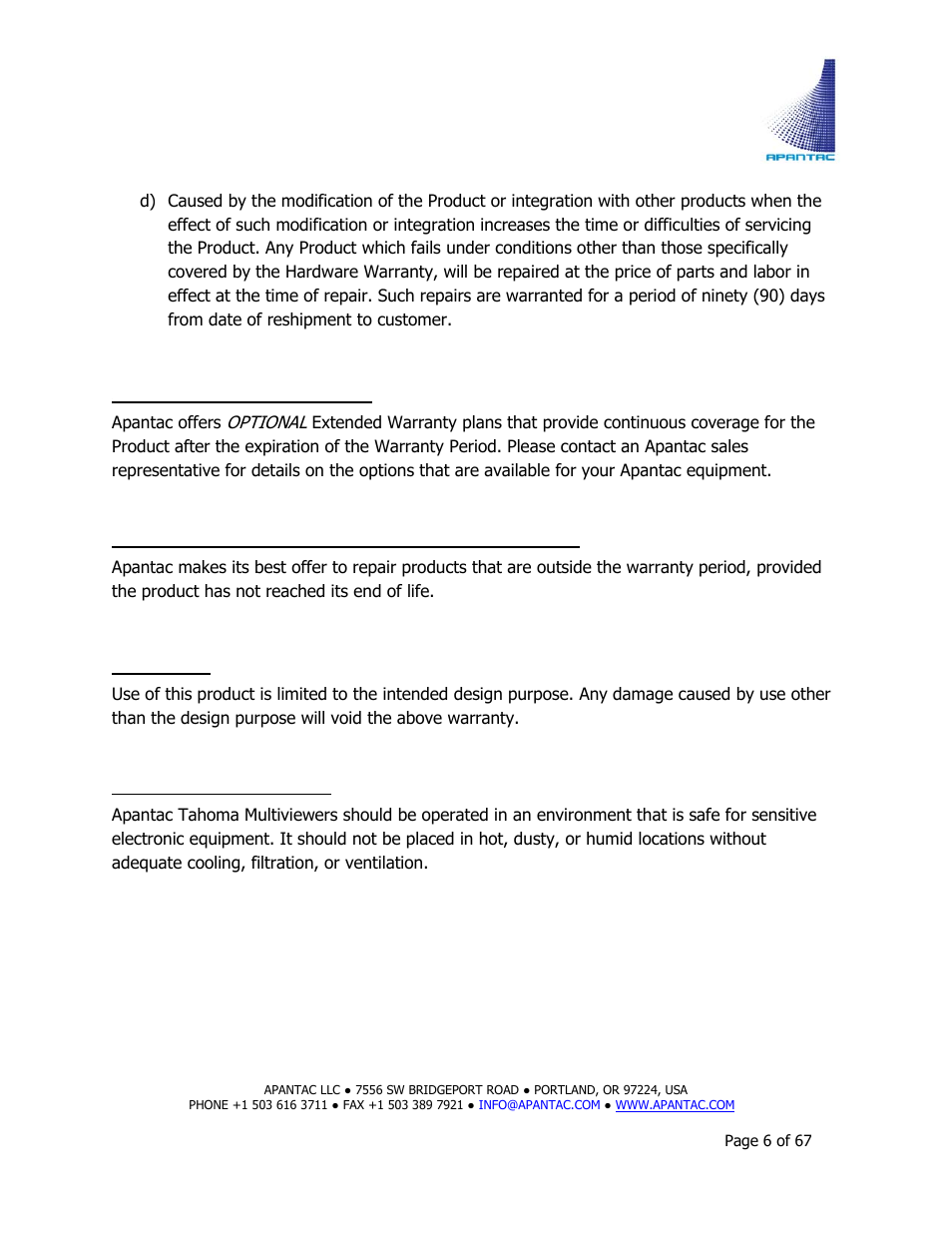 Apantac TAHOMA Platform User Manual | Page 6 / 67