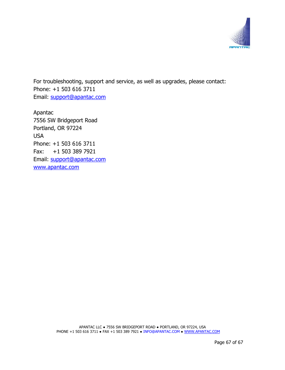 Contact apantac | Apantac TAHOMA Platform User Manual | Page 67 / 67