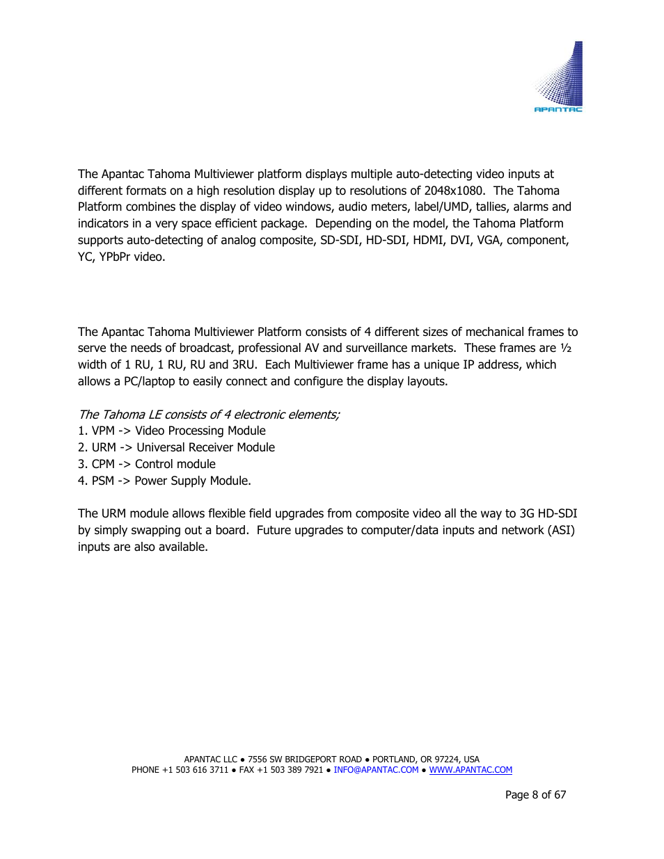Introduction to tahoma multiviewers, Hardware | Apantac TAHOMA Platform User Manual | Page 8 / 67
