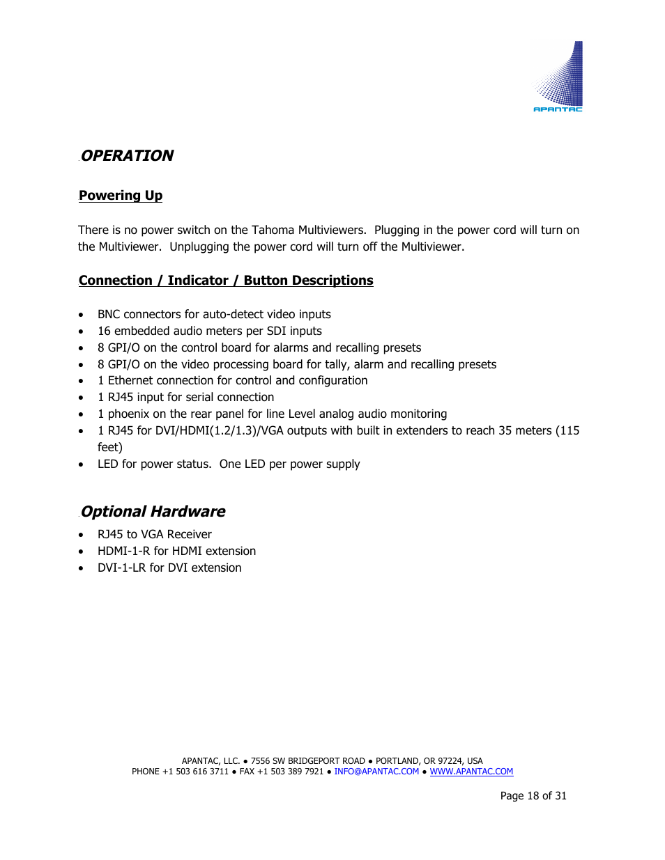 Operation, Optional hardware | Apantac MiniQ User Manual | Page 18 / 31