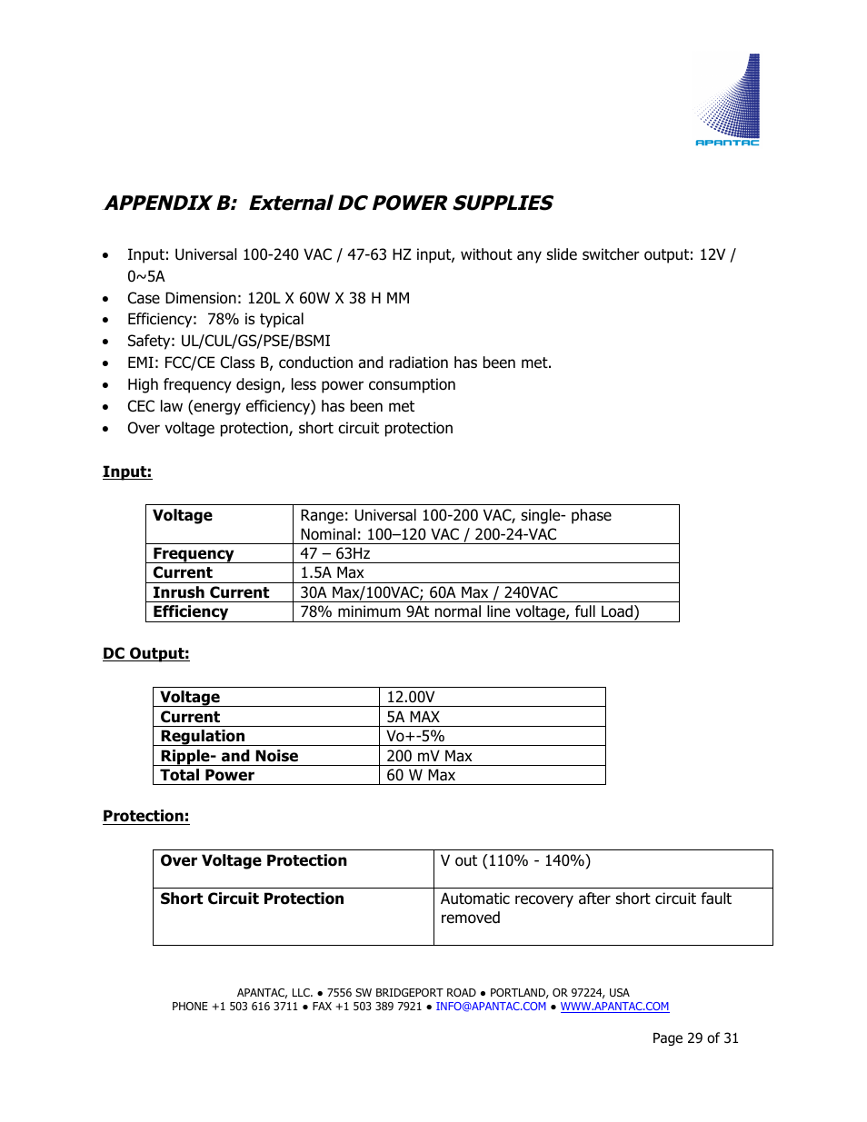 Appendix b: external dc power supplies | Apantac MiniQ User Manual | Page 29 / 31